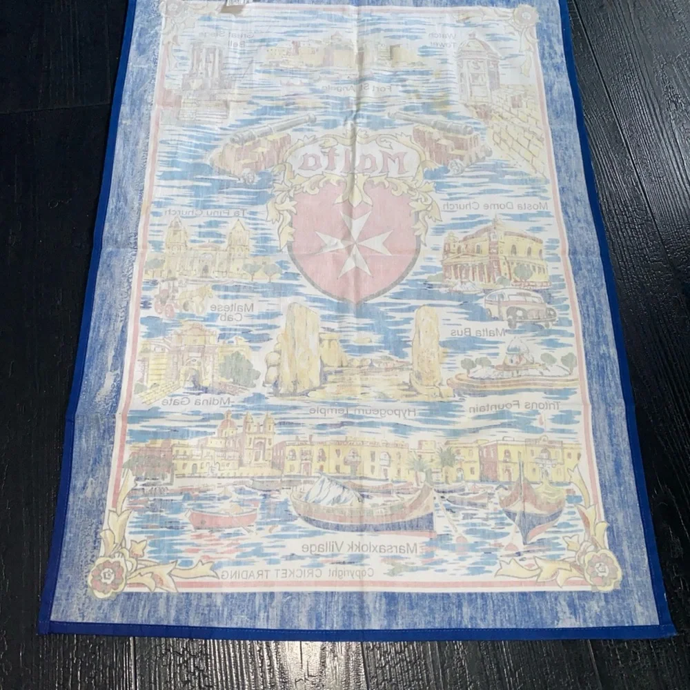 Vintage cricket Tea Towel Souvenir MALTA Landmarks‎